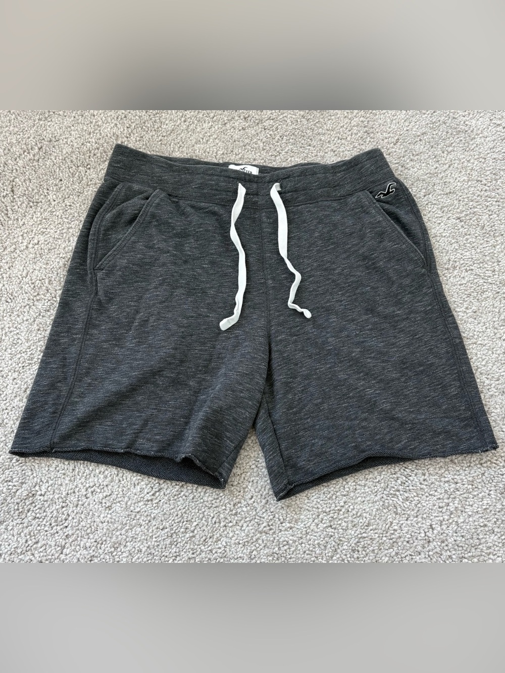 Hollister Men's Charcoal Heather Drawstring Athletic Shorts with White Cord